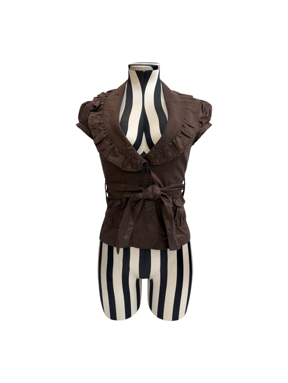 Joit Brown Ruffle Blouse w/ Tie Waist & Button Detail